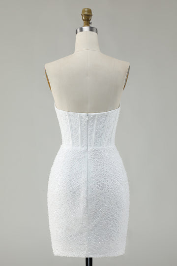 White Strapless Corset Short Bodycon Homecoming Dress with Sequins
